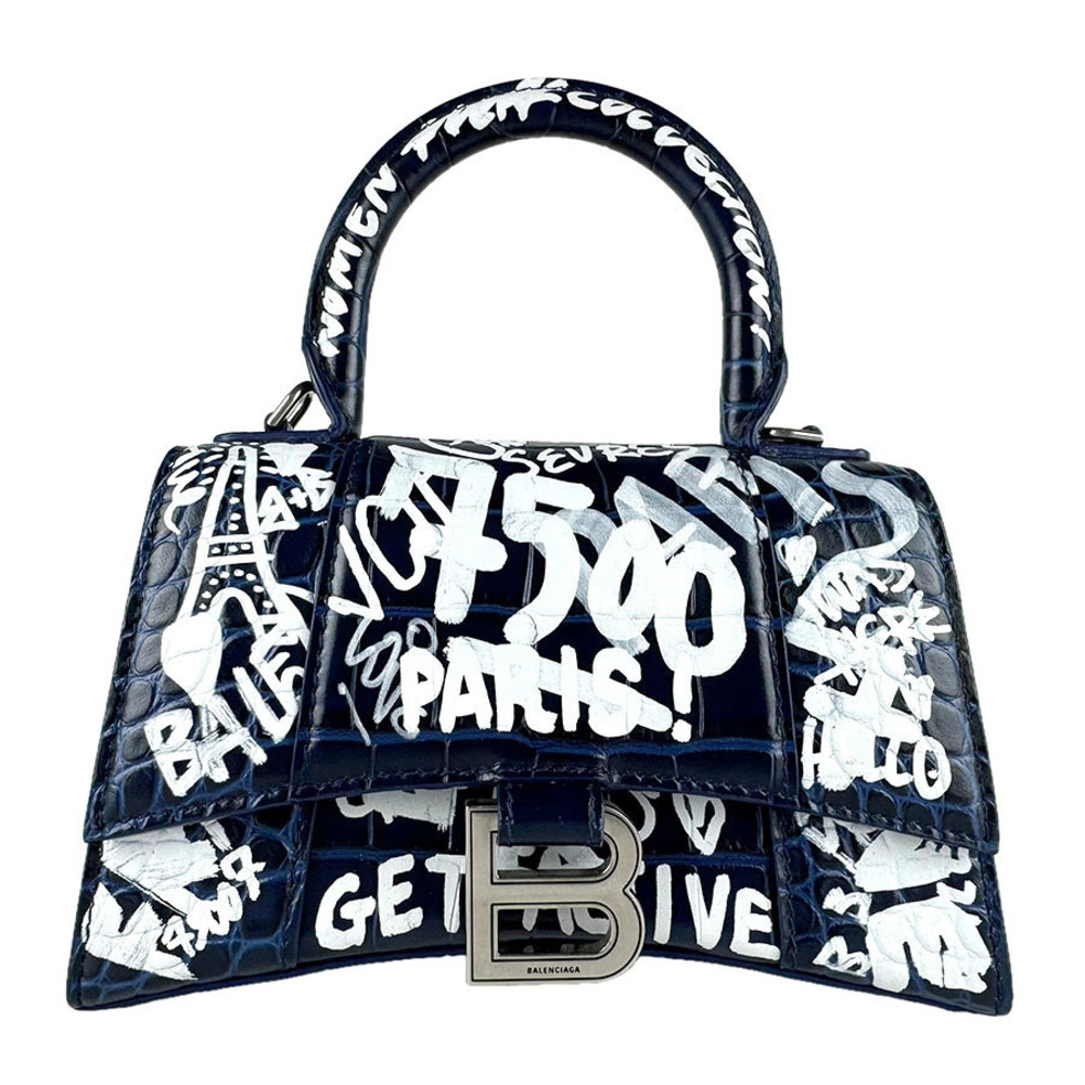 Balenciaga 2way Shoulder Bag Hourglass Embossed Leather Navy Blue White